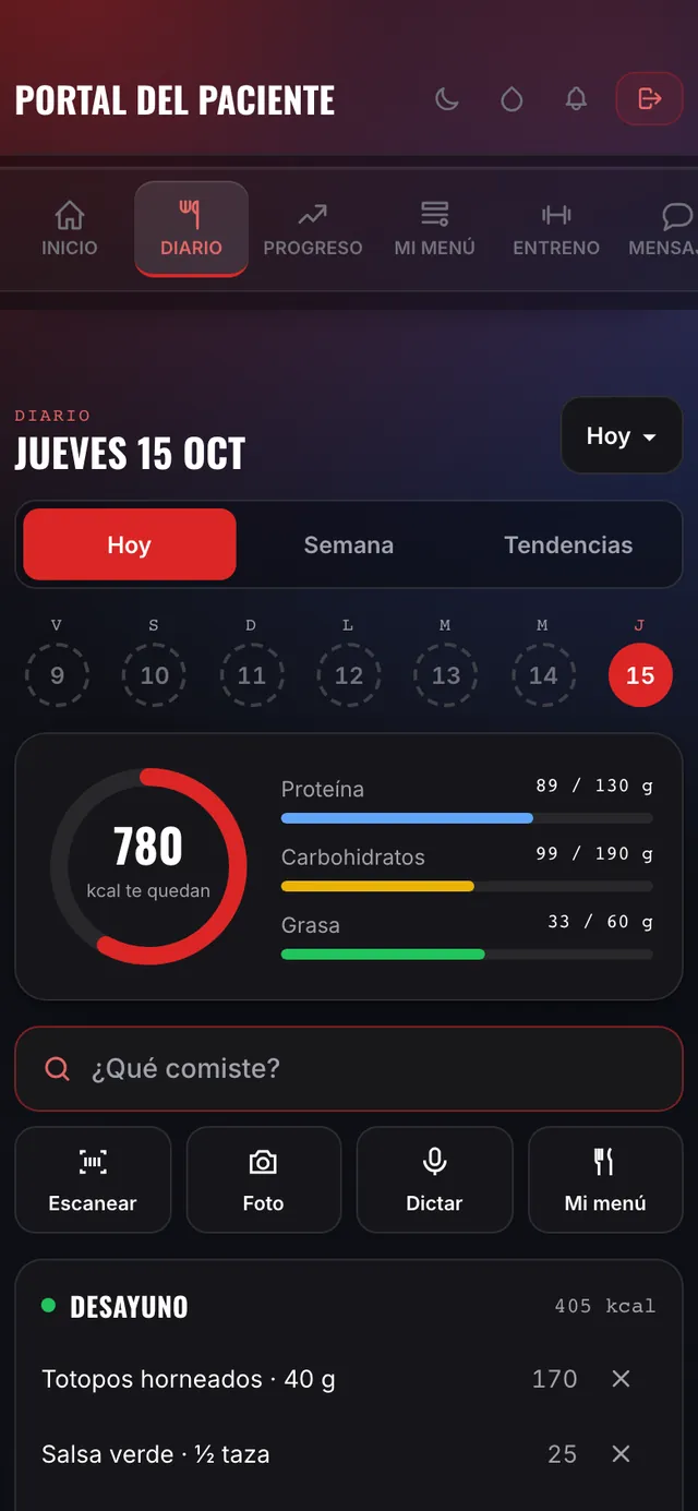 Diario de la app: lo que llevas del día, tus macros y lo que comiste
