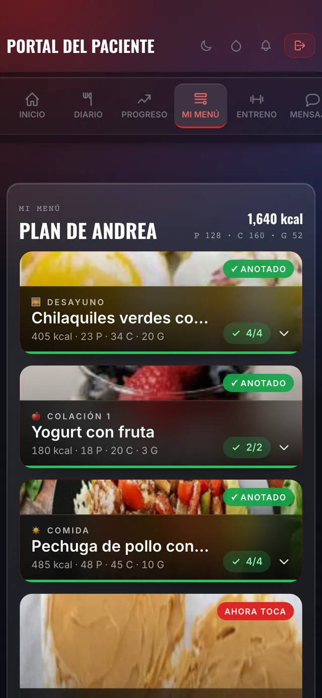 Tu menú en la app, con la foto de cada platillo y lo que ya anotaste