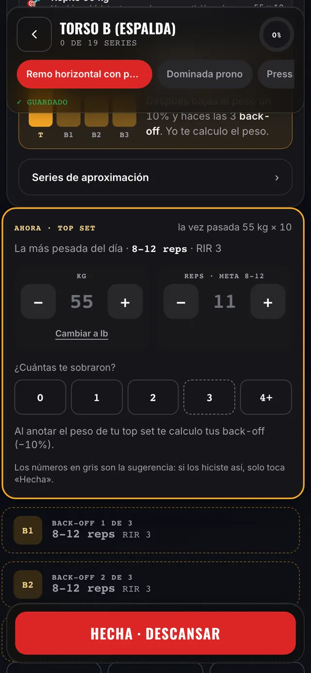 Sesión de entrenamiento: la serie de hoy con el peso sugerido