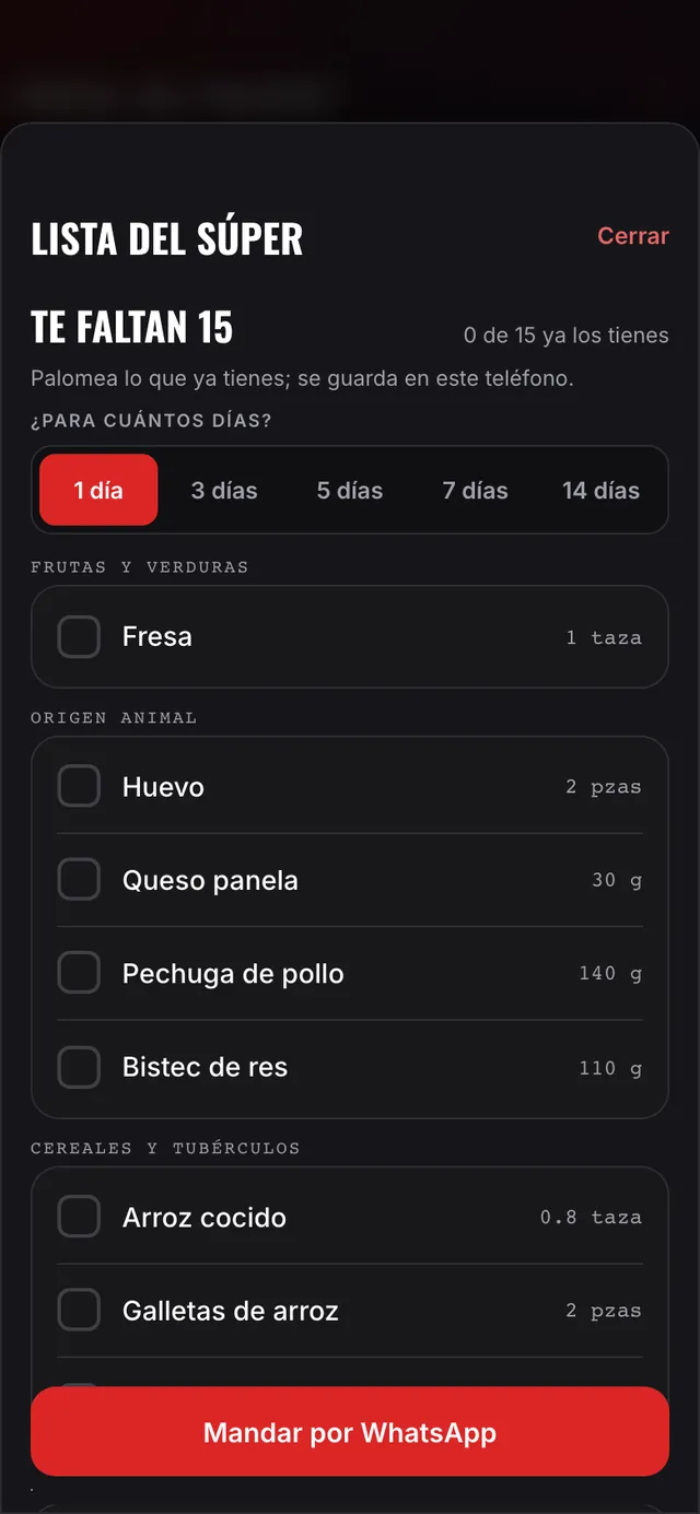 Lista del súper de tu plan, por pasillo y con las cantidades por días