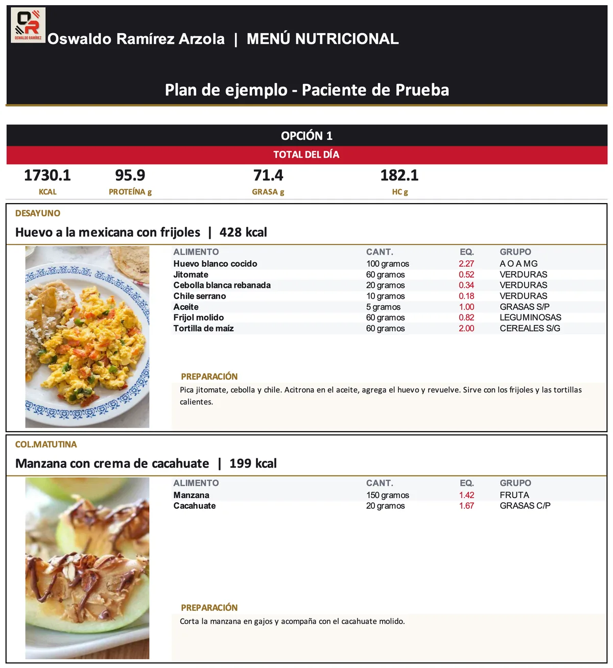Plan de alimentación en PDF: macros del día, el platillo con su foto, los ingredientes en gramos y la preparación