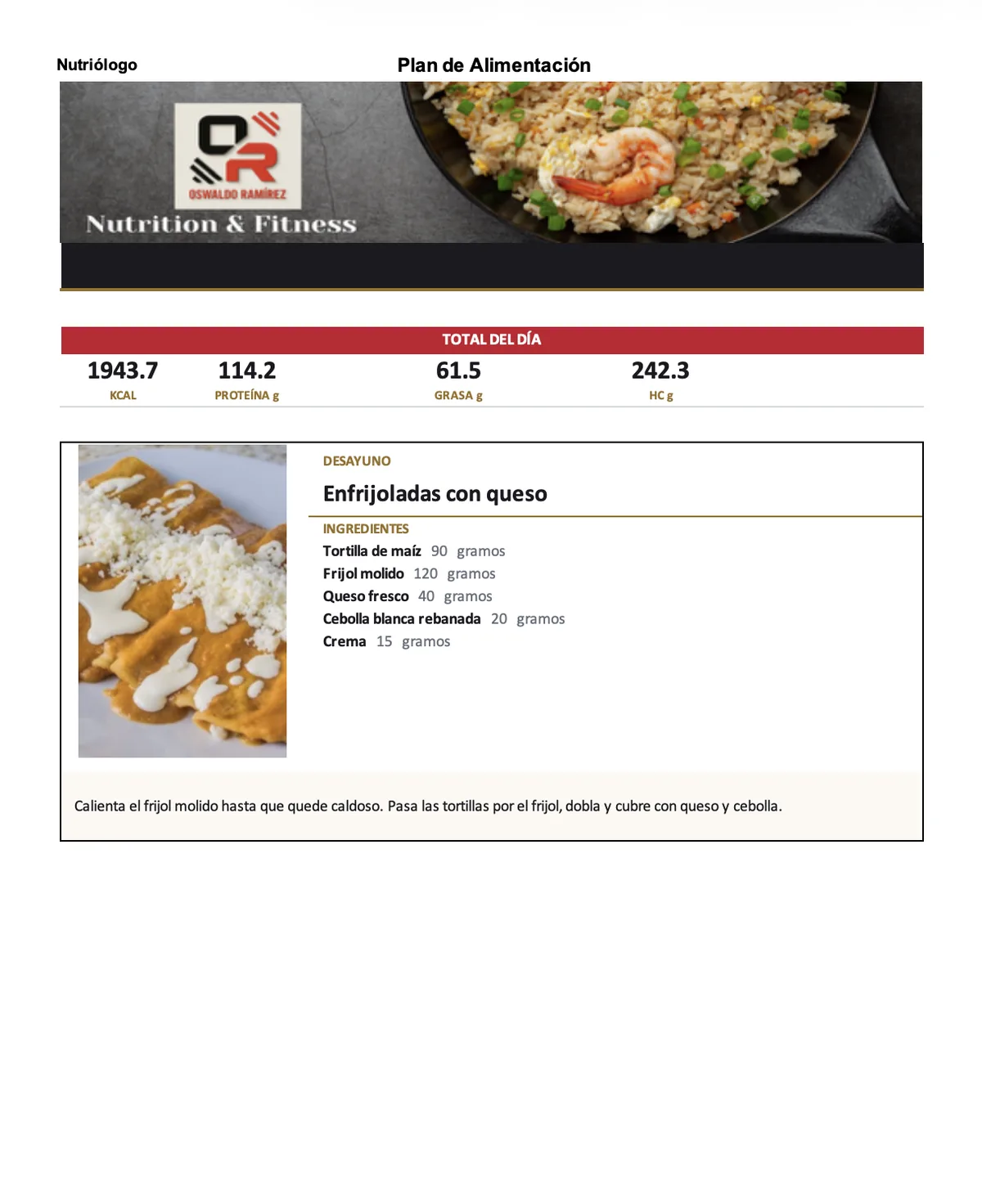 Plan de alimentación en PDF: macros del día, el platillo con su foto, los ingredientes en gramos y la preparación