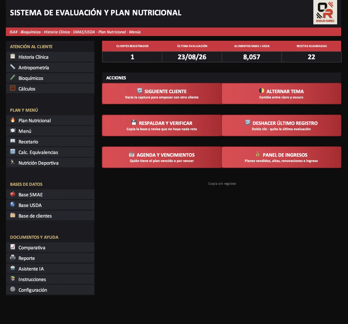 Tablero del software: historia clínica, antropometría, bioquímicos, cálculos, plan nutricional, menú, recetario, nutrición deportiva y las bases SMAE y USDA