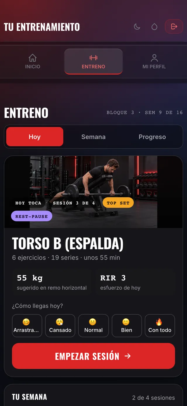 Pantalla hoy de la app de entrenamiento