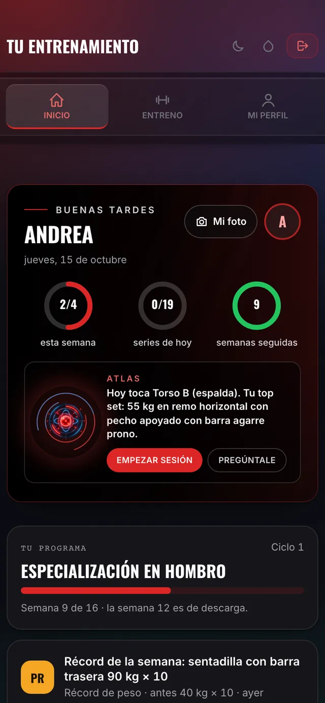 Pantalla inicio de la app de entrenamiento
